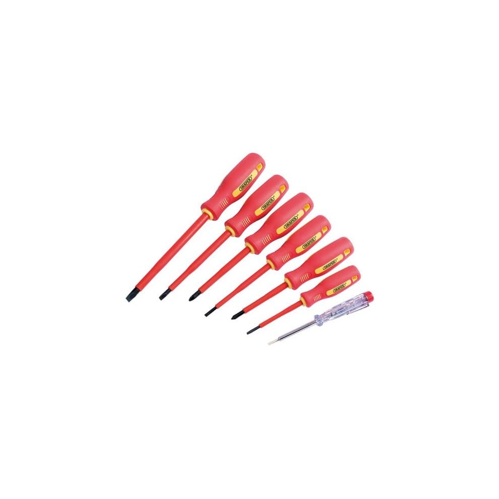 Fully insulated screwdriver set featuring six red handles with yellow accents and a mains tester, designed for safety and durability in electrical work.
