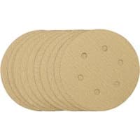 Draper gold sanding discs, 150mm, 180 grit, pack of 10, circular with hook and loop backing and six holes.