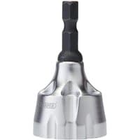 Silver Draper hex shank external deburring drill bit with a fluted design and black hexagonal shank.
