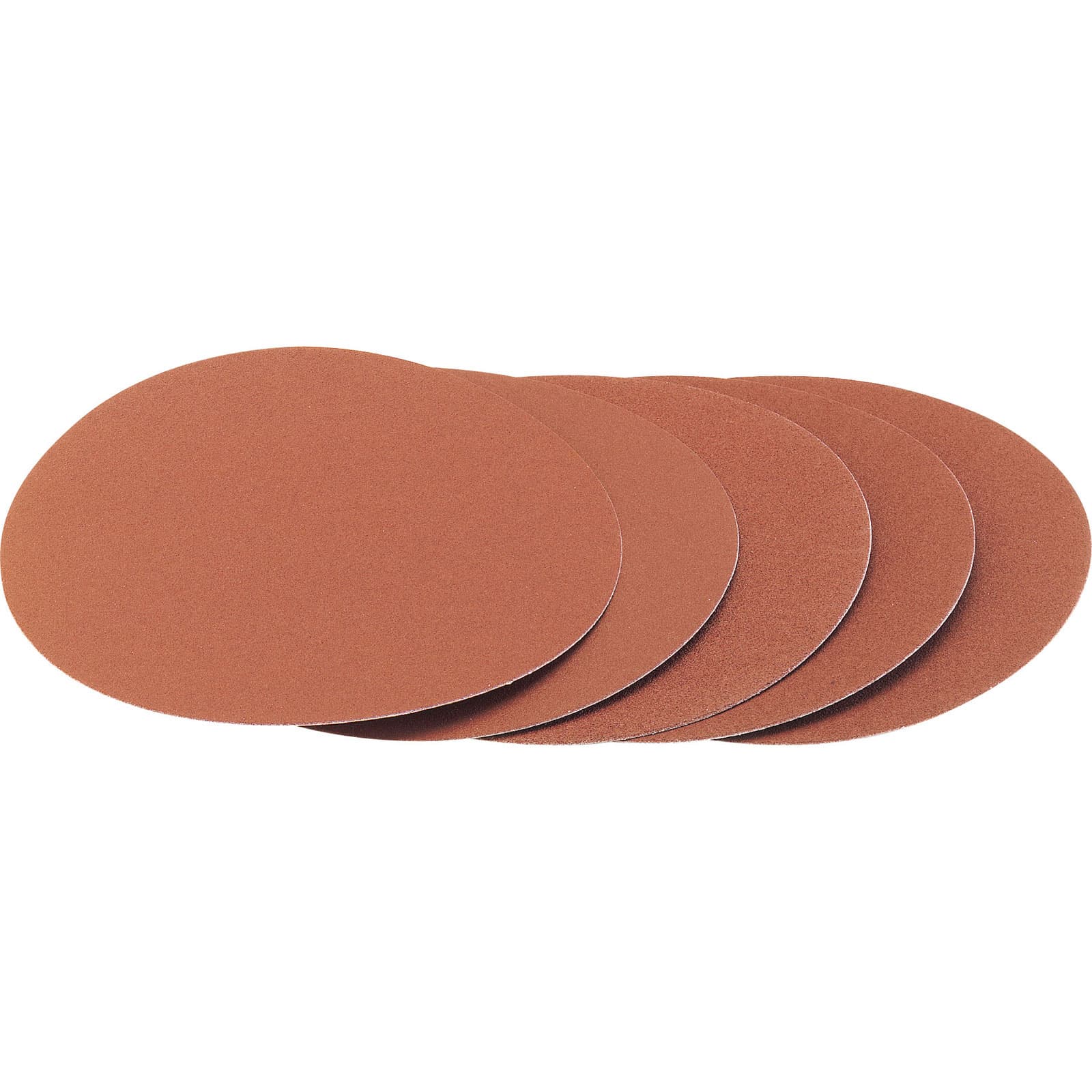 Five round sanding discs in 80 grit, made of aluminium oxide, featuring a hook and eye backing, with a reddish-brown color, measuring 230mm in diameter.