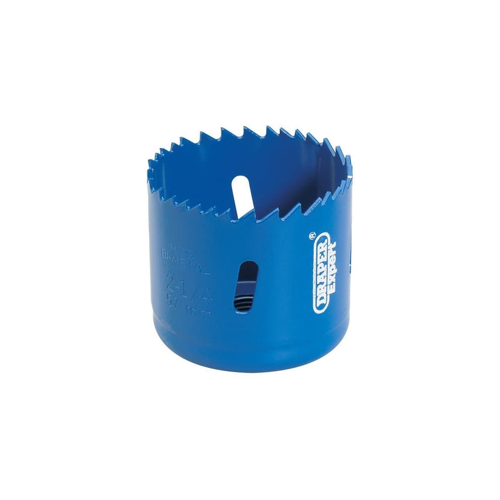 57mm bi-metal holesaw blade in blue, featuring sharp, jagged edges and multiple cutting slots for efficient drilling, made by Draper Expert.