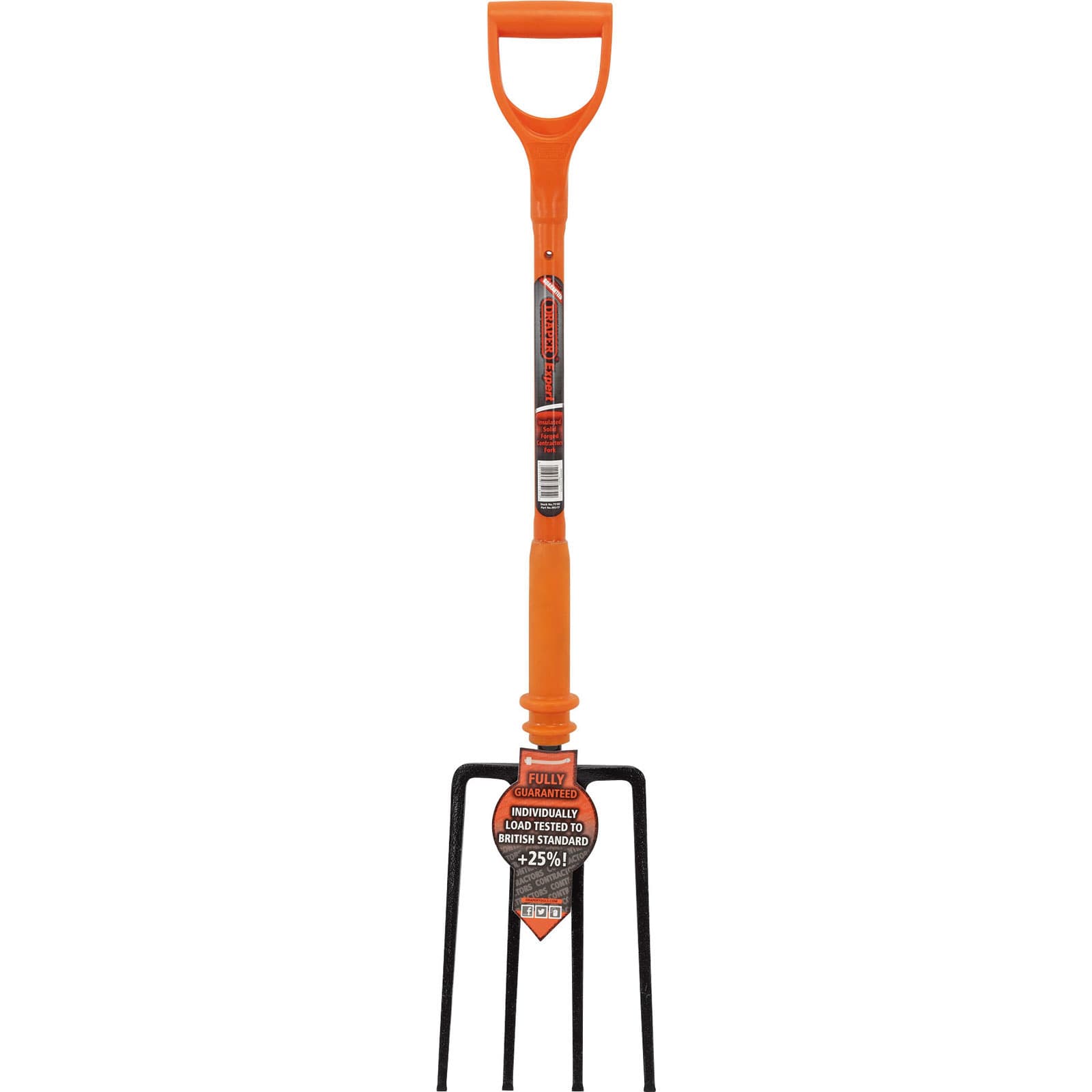 Fully insulated contractors fork with a sturdy black metal head and three prongs, featuring an orange plastic handle for enhanced grip and safety.