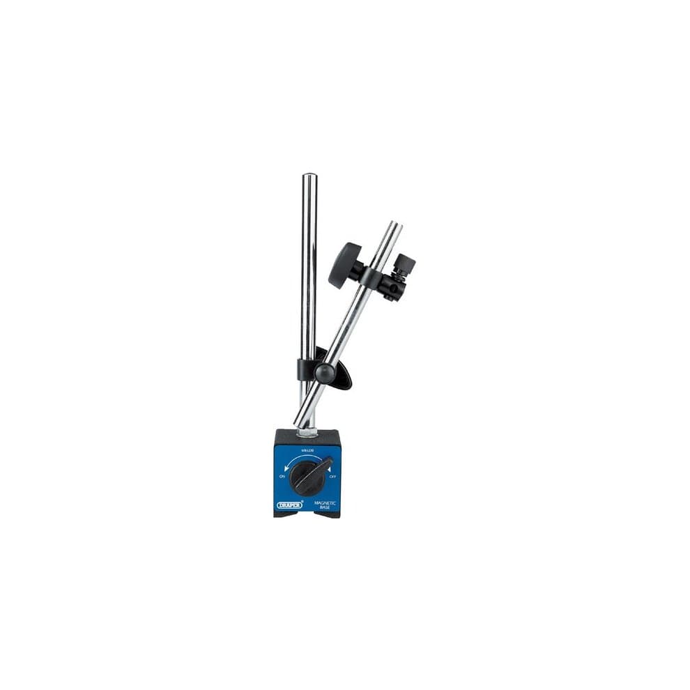 Draper Magnetic Stand features a blue base with a dial, a chrome metal vertical rod, and an adjustable arm with a clamp for secure positioning.