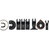 Draper 8-piece oscillating multi-tool blade set with black and silver blades, including ceramic cutting blade.