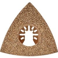 Triangular Draper oscillating multi-tool carbide rasp with textured gold surface and central circular cutout.