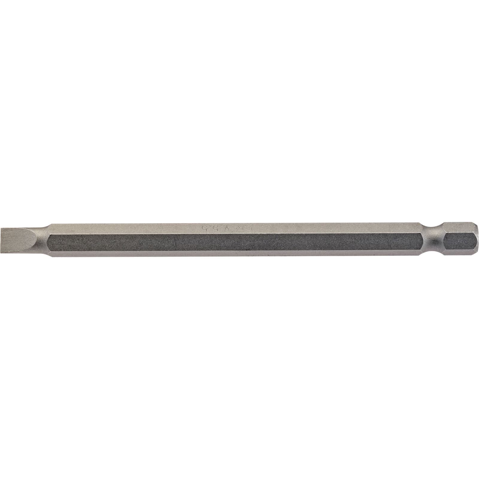 5.5mm 1/4" hex plain slot insert bit by Draper, 100mm long, featuring a metallic finish with a hexagonal shank and a plain slot tip for precision driving.