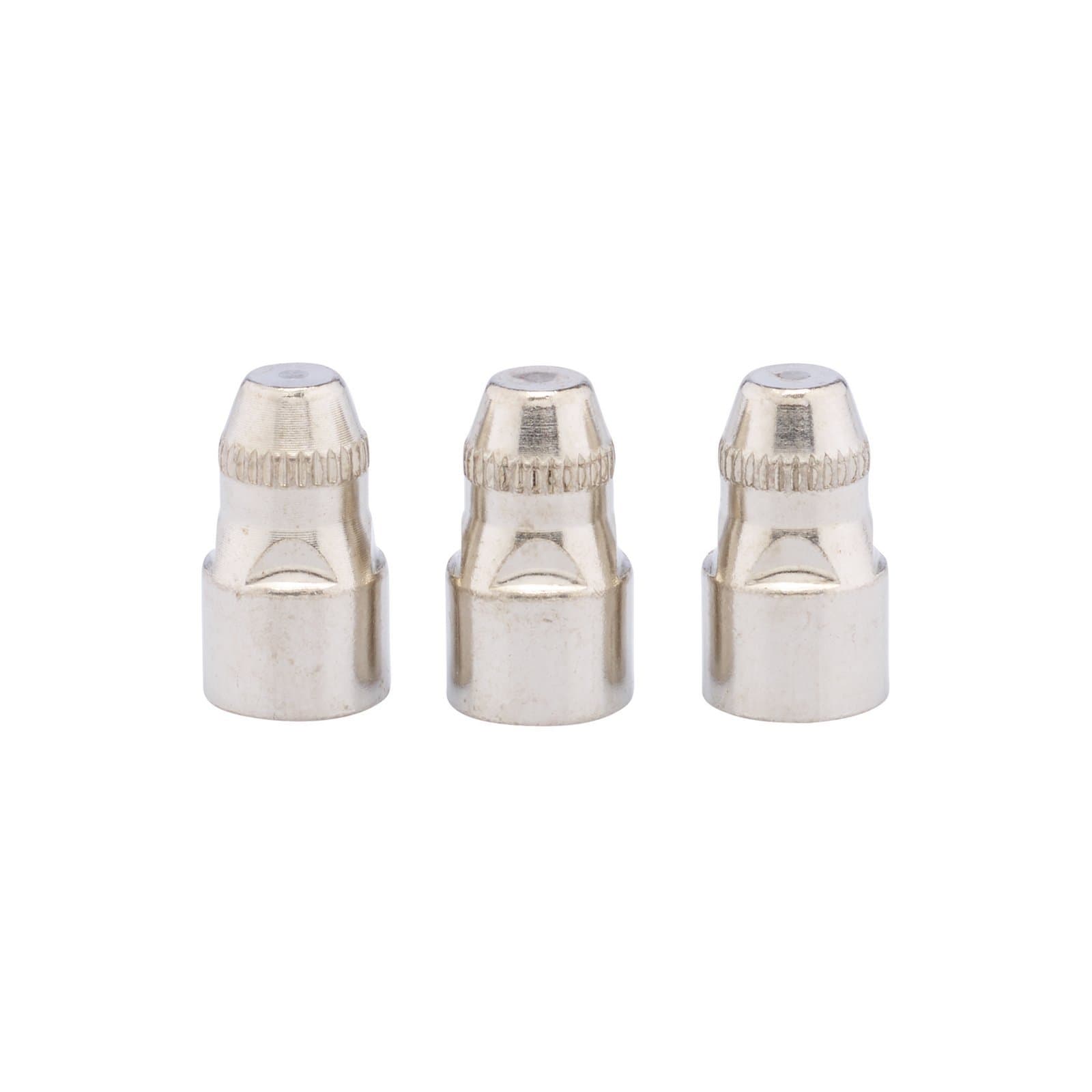 Three metallic plasma cutter electrodes, each with a shiny silver finish, featuring a tapered top and textured grip, designed for use with Draper plasma cutter Stock No. 70058.