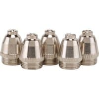 Pack of 5 silver Draper plasma cutter nozzles with threaded bases and smooth, rounded tops.