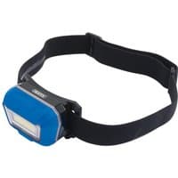 Black and blue Draper RHL3 rechargeable headlamp with adjustable strap and rectangular 3W COB LED light.