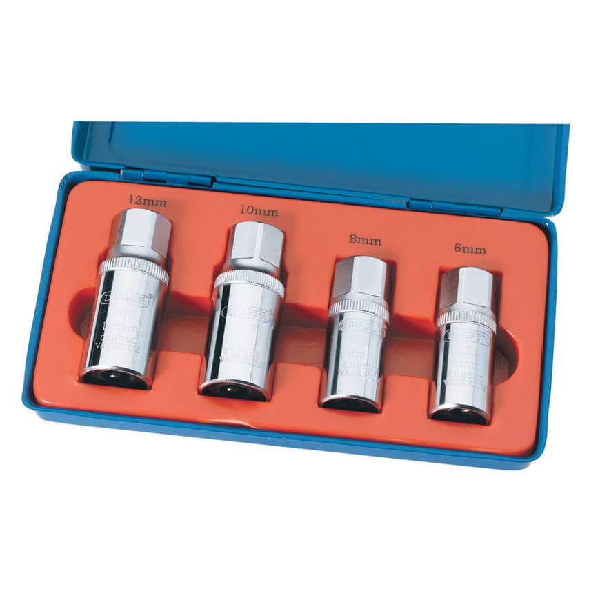 Draper 55641 1/2" square drive stud extractor set in a blue case, featuring four chrome vanadium steel extractors labeled 12mm, 10mm, 8mm, and 6mm on an orange insert.