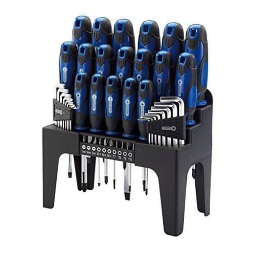 Draper wrench and bit set featuring 44 pieces, with black and blue handles, arranged neatly on a black storage stand, showcasing various screwdriver and wrench sizes.