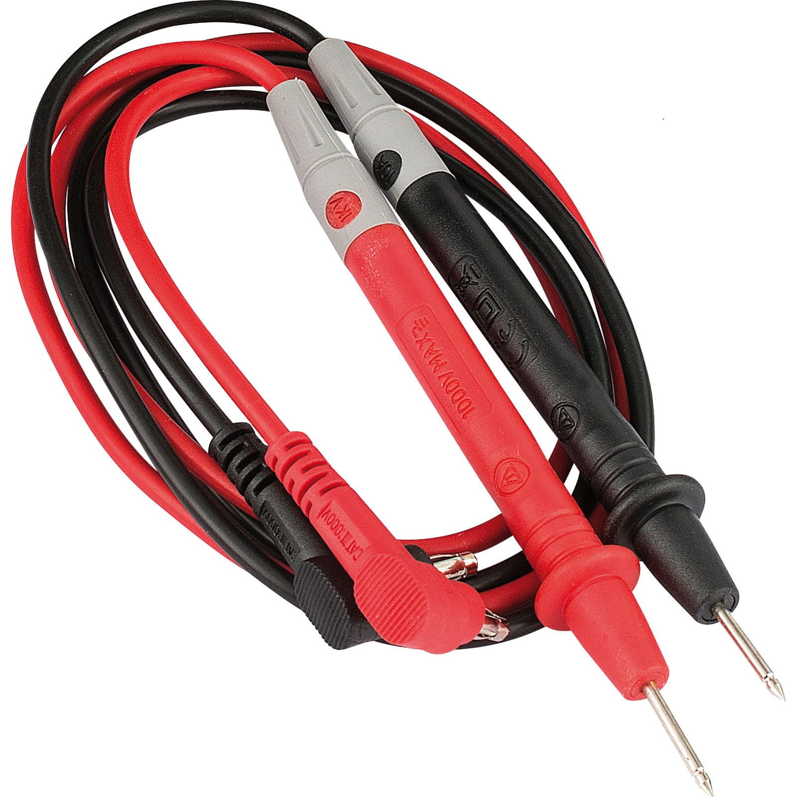 Red and black test probe set with insulated handles, featuring pointed metal tips and a coiled cable design, suitable for electrical testing and diagnostics.