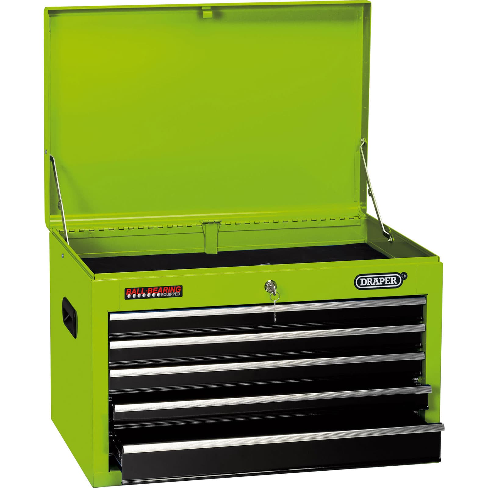 Bright green metal tool chest with five black drawers, featuring a hinged lid and sturdy handles, designed for organizing tools and equipment.