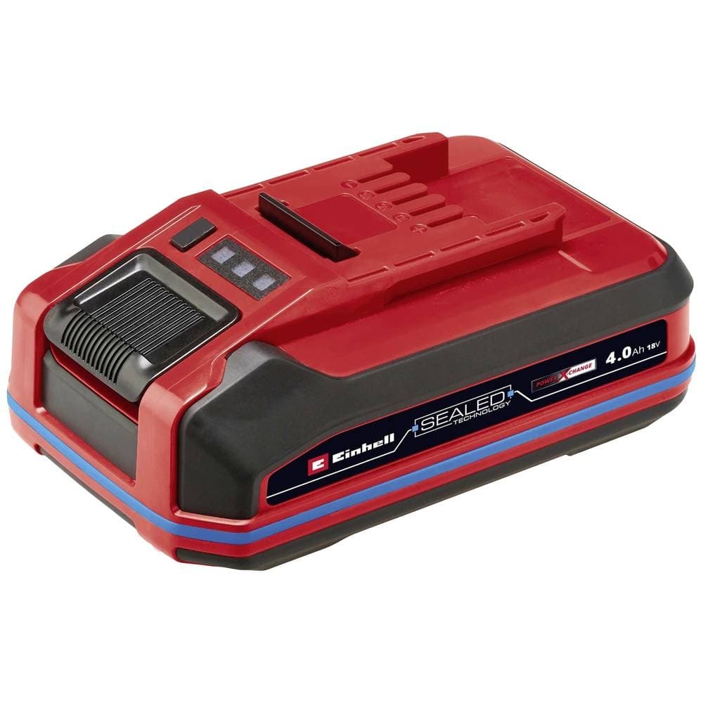 Red and black Einhell PXC 18V cordless Li-ion battery with a 4Ah capacity, featuring a slim design, LED charge indicators, and a durable plastic casing.