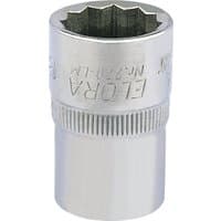Elora silver bi-hexagon socket, 1/2" square drive, 18mm, with knurled grip and engraved branding.