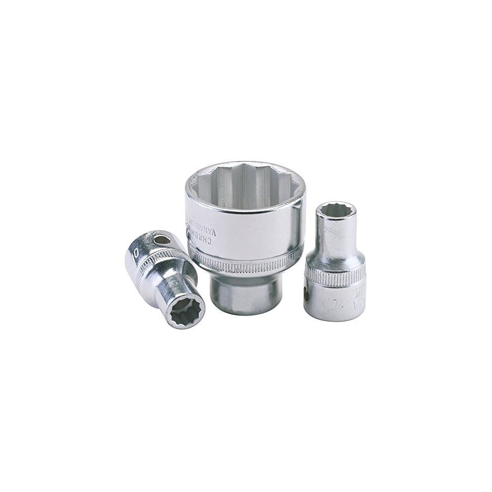 Shiny chrome-finished bi-hexagon socket set featuring a 25mm 1/2" square drive, with two smaller sockets included, showcasing durable steel construction and precise hexagonal openings.