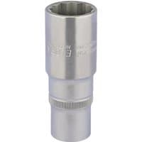 Silver Elora deep bi-hexagon socket, 1/2" square drive, 22mm, with a smooth finish and engraved branding.