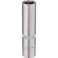 Silver Elora deep socket, 1/4" square drive, 8mm, with a knurled grip section and smooth cylindrical design.