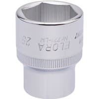 Silver Elora hexagon socket, 1/2" square drive, 25mm, with engraved branding and knurled grip.