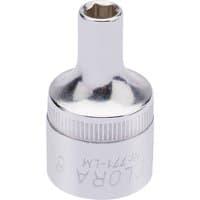 Silver Elora hexagon socket, 1/2" square drive, 6mm, with a polished finish and engraved brand name.