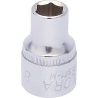 Elora 8mm hexagon socket, 3/8" square drive, shiny silver finish with engraved branding and size details.