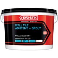 Evo-stik wall tile adhesive and grout, 2.5L tub, red and black label, mould resistant, with carrying handle.