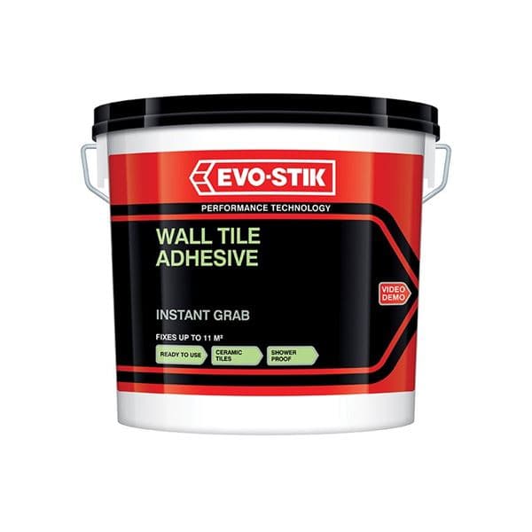 Evo-Stik Instant Grab Wall Tile Adhesive in a 5-litre black and red bucket, featuring a clear label with product details and a performance technology logo.
