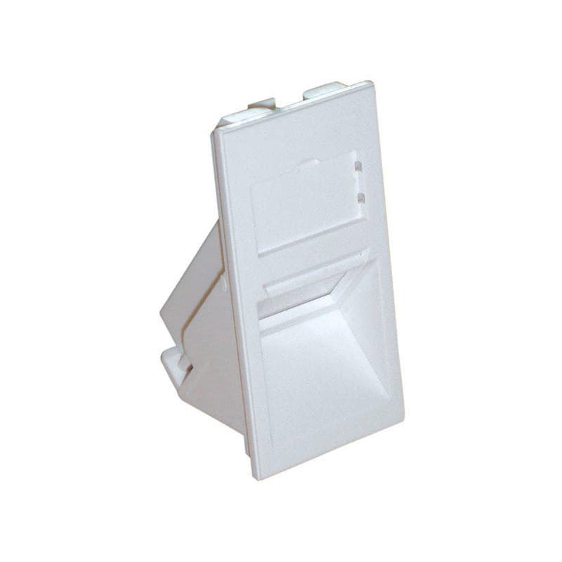 White plastic snap-in frame designed for Keystone modules, featuring a sloped design and a rectangular opening for easy installation and access.