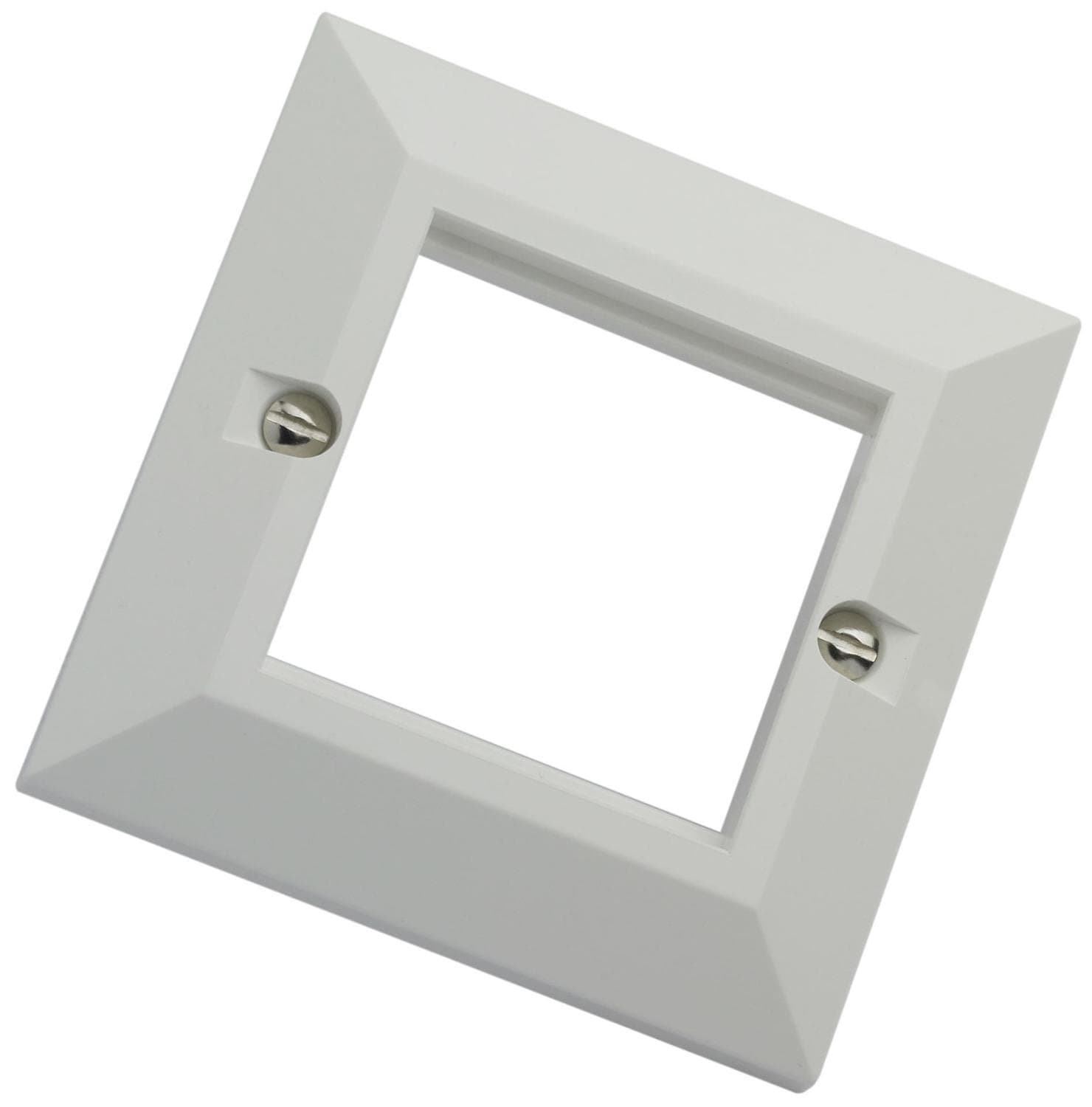 White plastic wall plate with a square opening, featuring a beveled edge and two screw holes for mounting, designed for electrical switches or outlets.