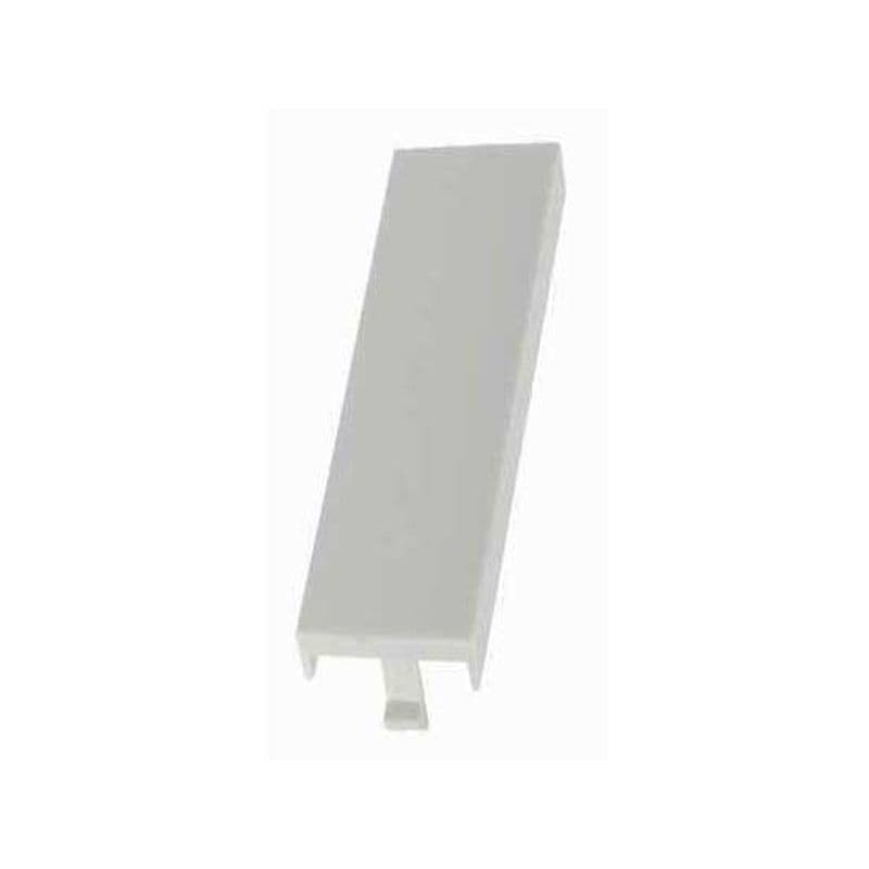 White plastic keystone module accessory with a rectangular shape and a small tab for easy installation, designed for networking applications.