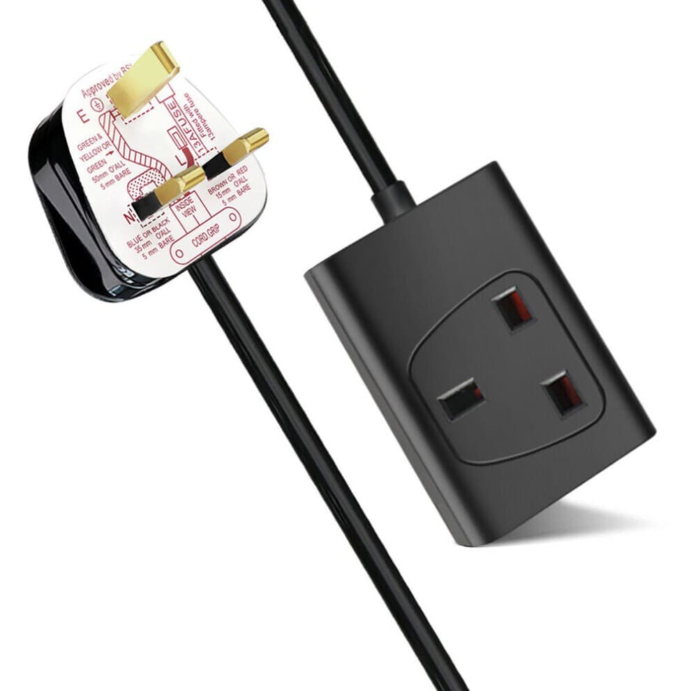 White 1 Way 13A extension lead with a 10-meter black cable, featuring a three-pin plug and a rectangular socket with two outlets.
