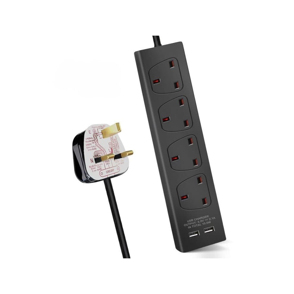 Black 4-gang built-in USB extension lead with a 1-meter cable, featuring four sockets and two USB ports, made of durable plastic with red indicator lights.
