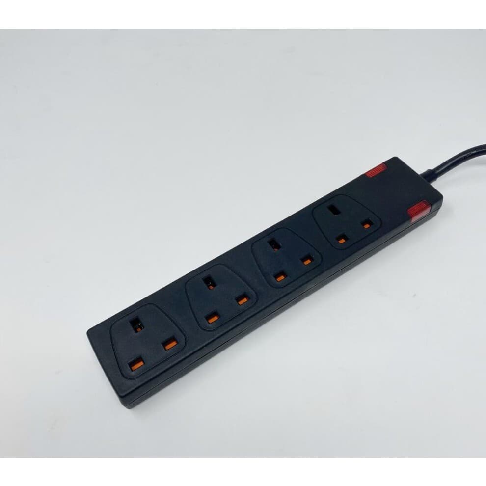 Black 4-way socket with four child-resistant 13A sockets, a 1-meter power cord, and an indicator light for power status.
