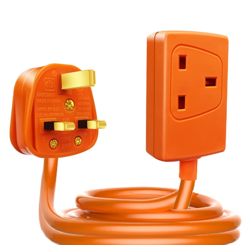 Bright orange 20M extension lead with a 13A plug and socket, featuring a durable plastic exterior and unswitched design for easy access.