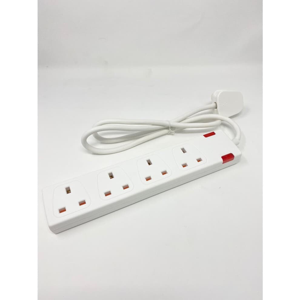 White 4-way socket with 13A rating and 2-meter cable, featuring child-resistant sockets and an indicator light for power status.