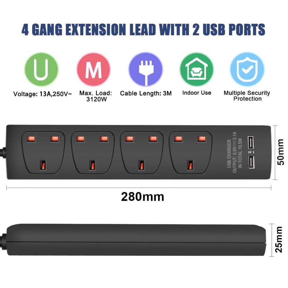 ExtraStar 13A 3m 4 Socket Black Unswitched Extension Lead with 2 USB Port - image 2