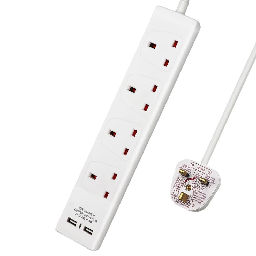White 4-gang extension lead with built-in USB ports, 3 meters long, 13A, featuring red socket switches and a UK plug.