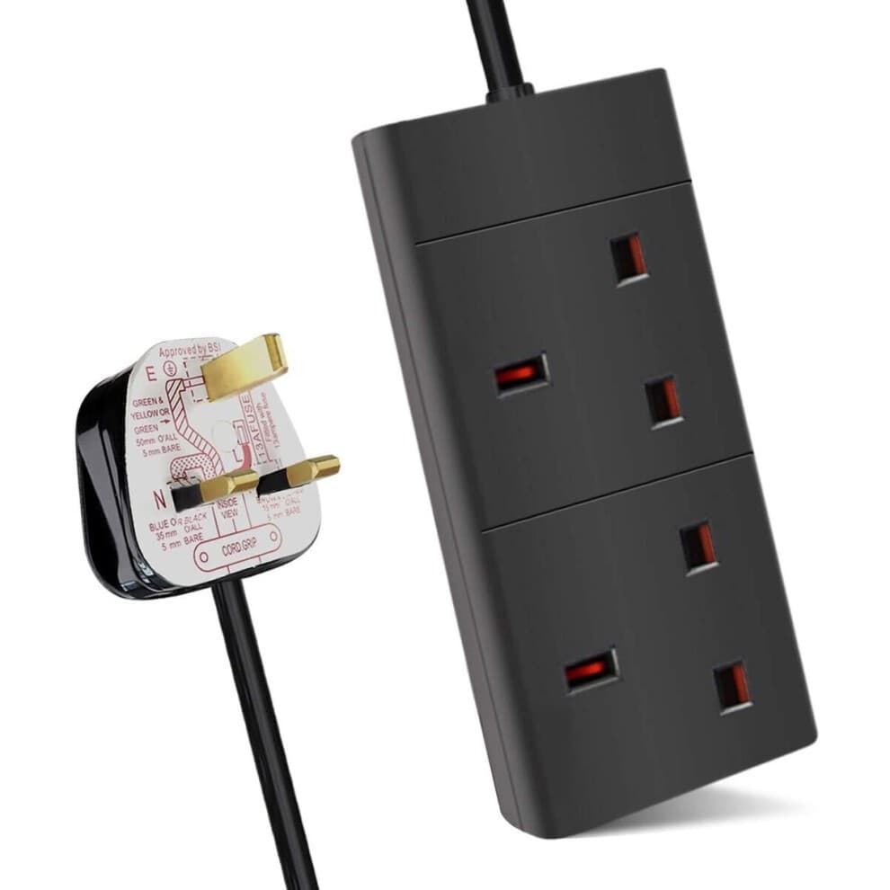 Black 2-way extension lead with a 5-meter cord, featuring three UK sockets and a standard plug, designed for 13A power supply.