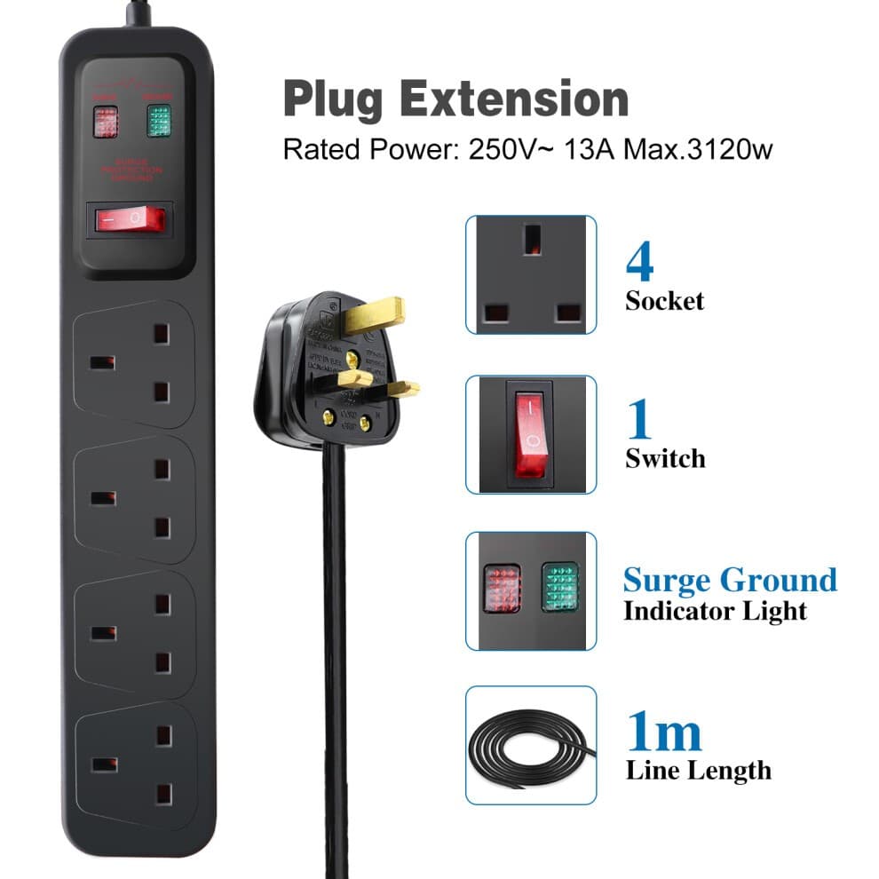 Black 4-gang switched surge-protected extension lead with a 1-meter cord, featuring four sockets, a single switch, and a surge ground indicator light.