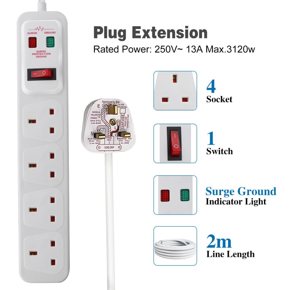 White 4-gang surge-protected extension lead with a 2-meter cord, featuring a single switch, red and green indicator lights, and four UK sockets for versatile power distribution.