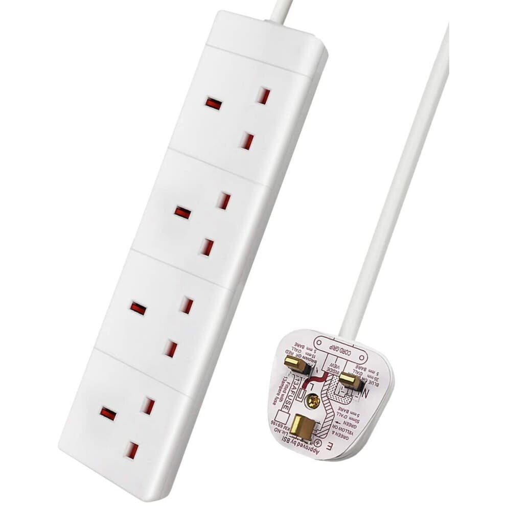 White 4-way extension lead with a 5-meter cable, featuring four UK sockets and a 13A rating, designed for convenient power distribution.