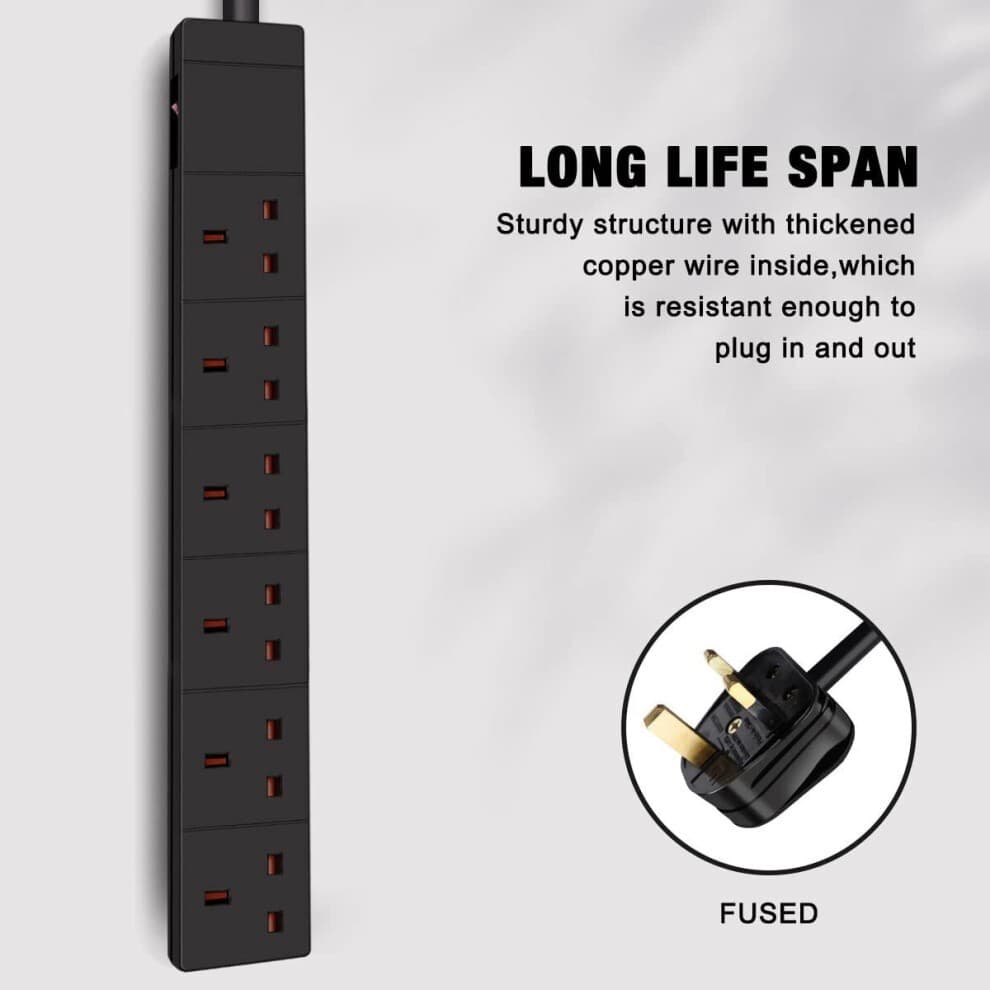 ExtraStar 6 Way 13A Black Extension Lead with Switch 1m - image 2