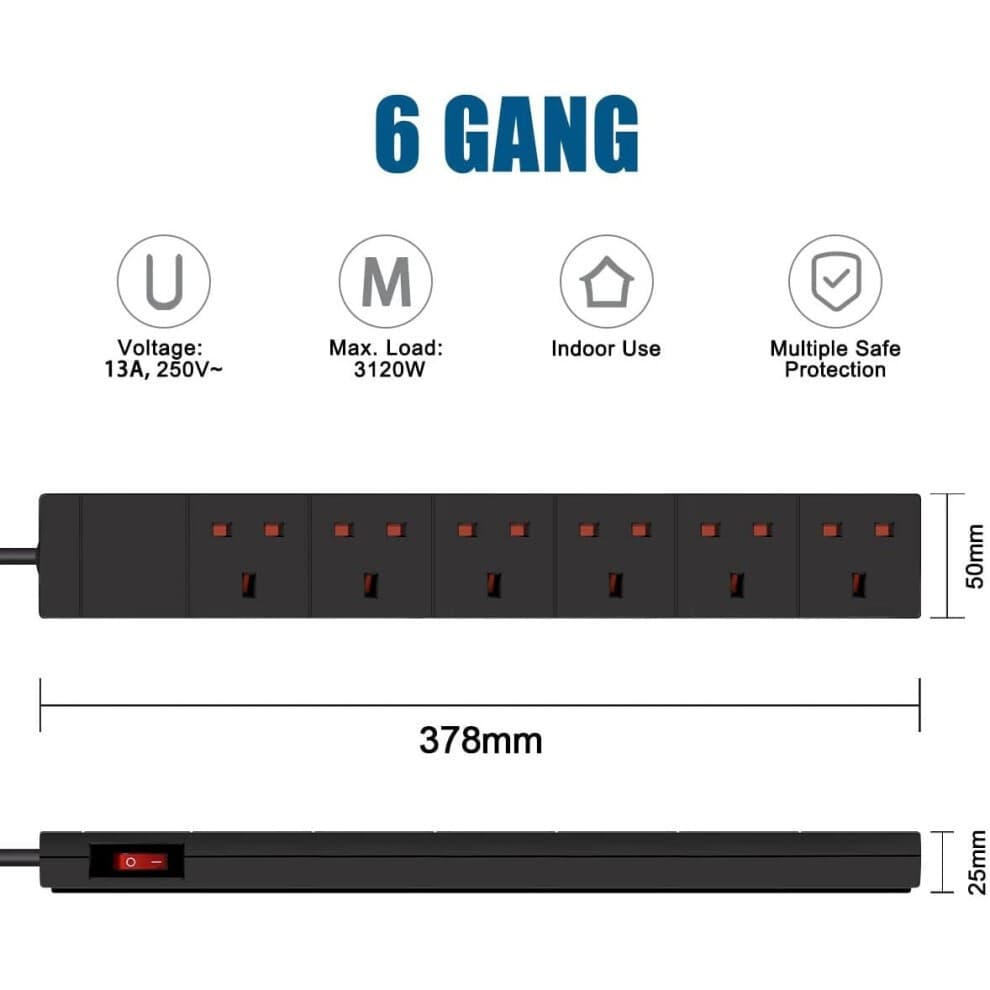 Black 6-gang extension lead with LED indicator, side switch, 1M cord, 13A UK plug, and a maximum load of 3120W, featuring six red socket outlets for multiple devices.