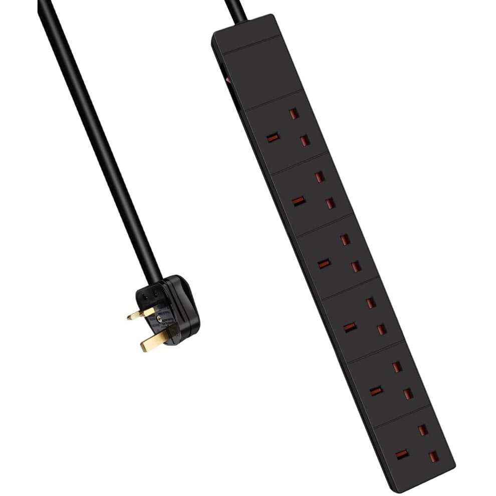 Black 6-way extension lead with a 2m cable, featuring child-resistant sockets and a switch, made from durable plastic.