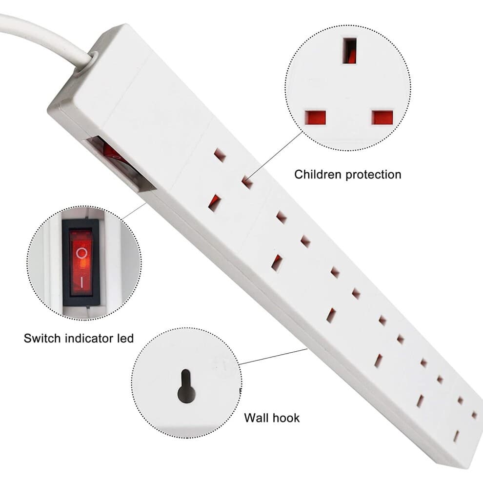 White 6-way extension lead with 13A rating, 2 meters long, featuring child-resistant sockets, a switch with an indicator LED, and a wall hook for easy mounting.