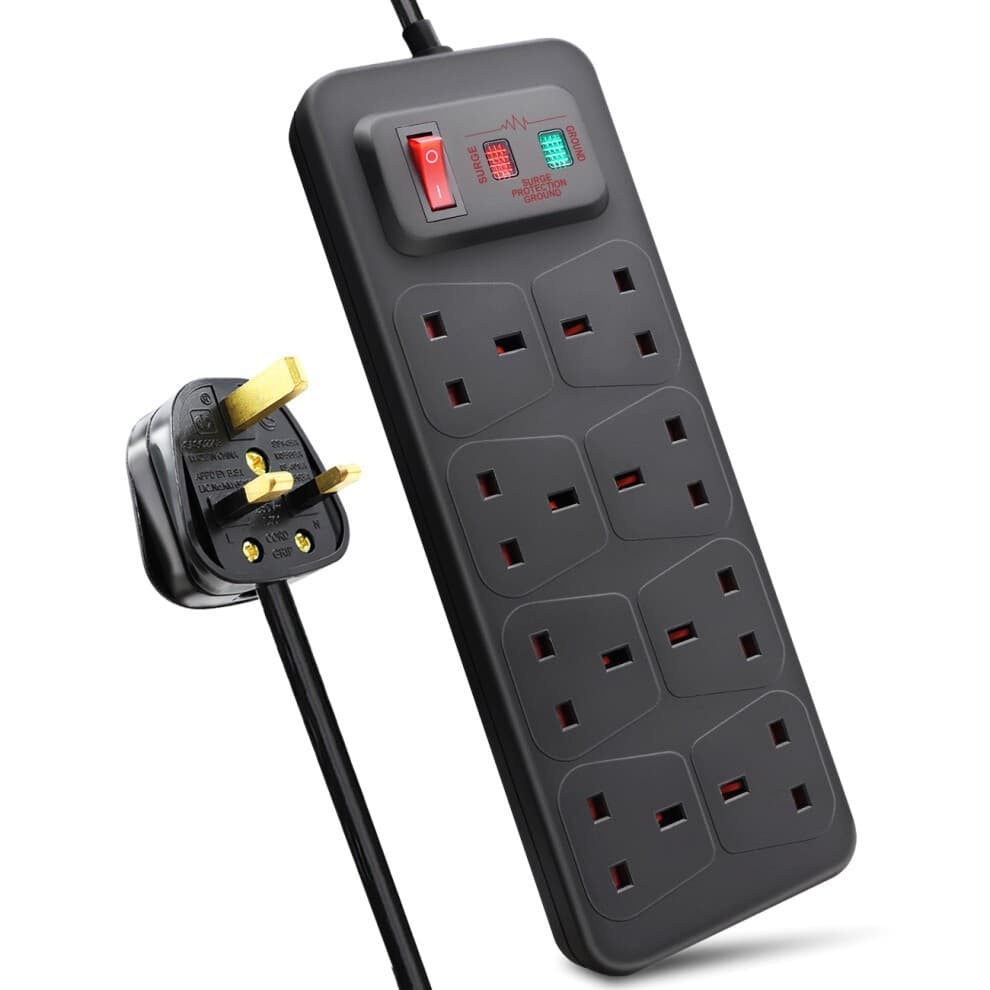 Black 8-gang switched surge-protected extension lead with a 2-meter cable, featuring individual power switches and LED indicators, made from durable plastic.