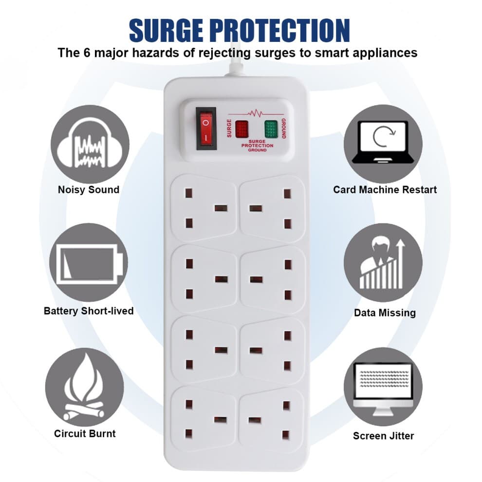ExtraStar 8 Gang 13A White Switched Surge-Protected Extension Lead 2m - image 2