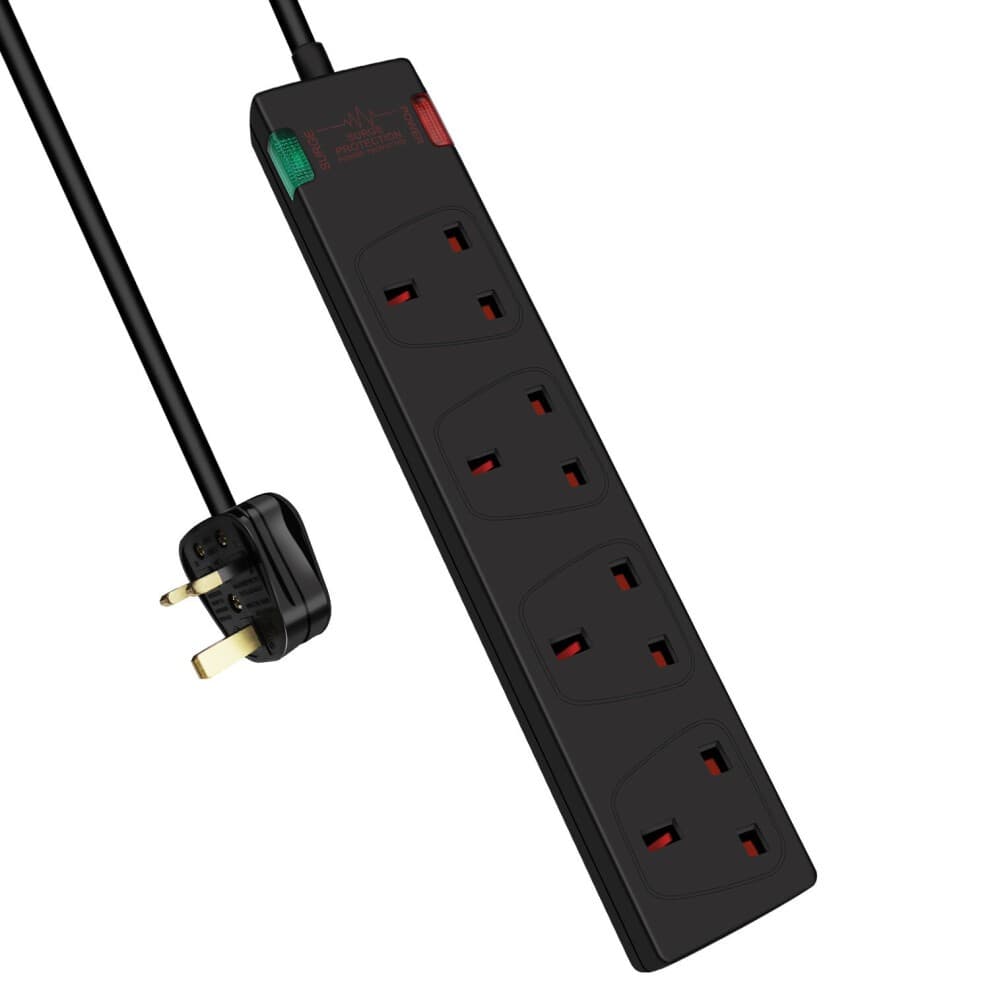 Black 4-way extension lead with surge protection, featuring four UK sockets, a 1-meter cable, and a fused plug, with red and green indicator lights.