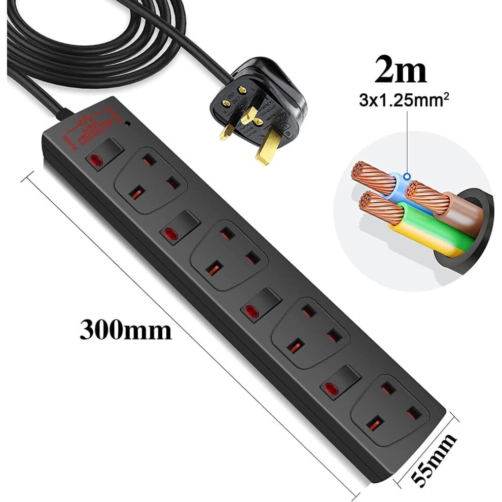 Black 4 gang socket with 13A rating, 2-meter cable, individual switches, indicator light, and surge indicator, featuring a sleek design and durable material.