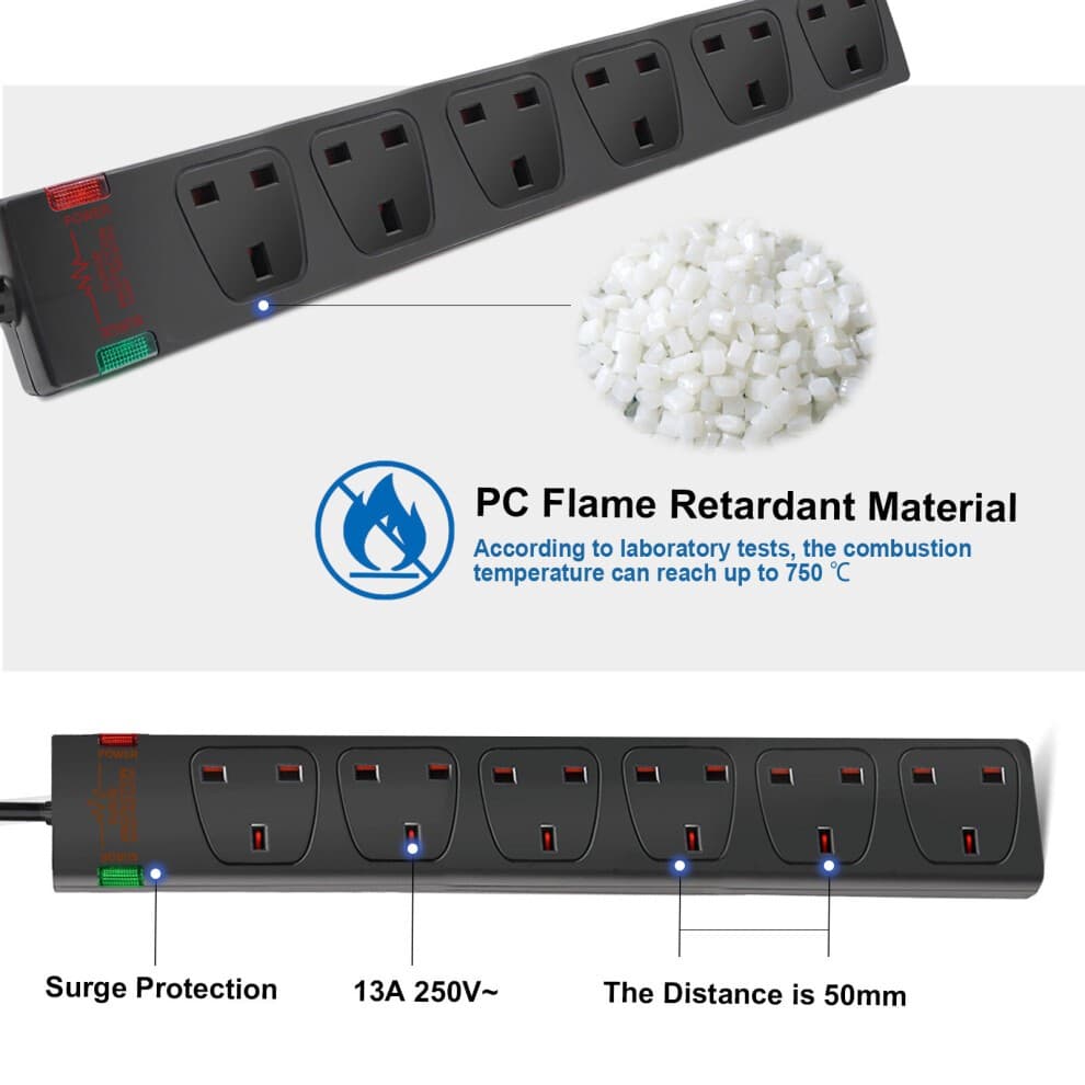 Black 6-gang surge-protected extension lead with a 2-meter cord, featuring 13A capacity, flame-retardant material, and indicator lights for power status.
